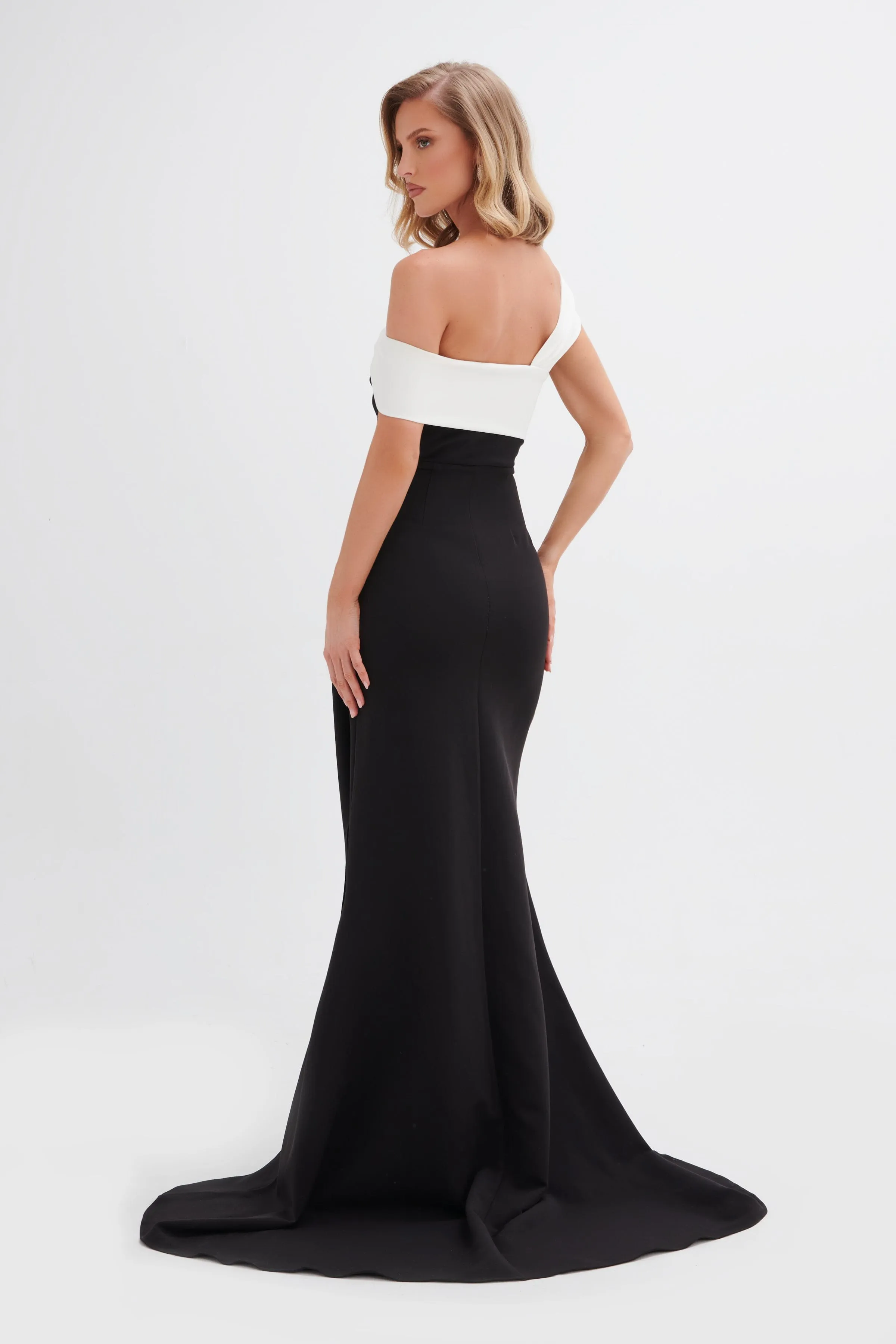 TAYLOR Twisted One Shoulder Maxi Dress with Train In Black