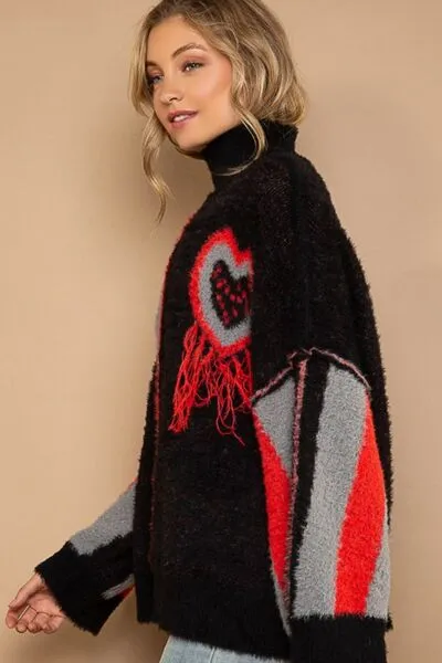 TEEK - Black/Red Turtleneck Color Block Fringe Sweater