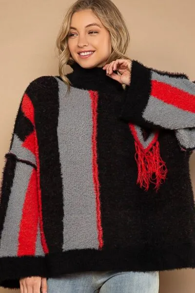 TEEK - Black/Red Turtleneck Color Block Fringe Sweater