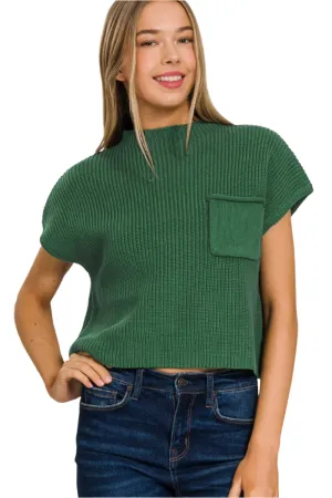 TEEK - Green Mock Neck Short Sleeve Cropped Sweater