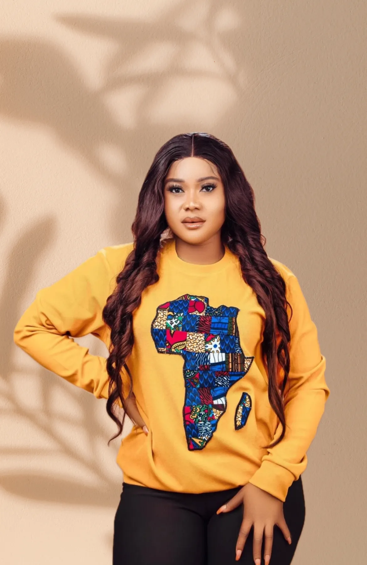 The Ada Map of Africa Ankara Crewneck Sweatshirt Jumper in Mustard Yellow