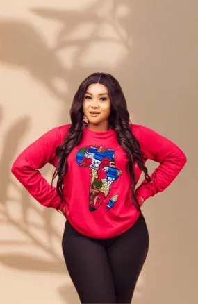 The Ada Map of Africa Ankara Crewneck Sweatshirt Jumper in Red