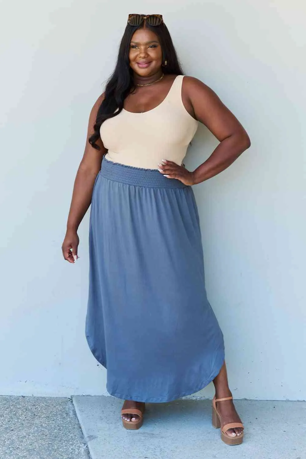 The Nina High Waist Scoop Hem Maxi Skirt in Dusty Blue