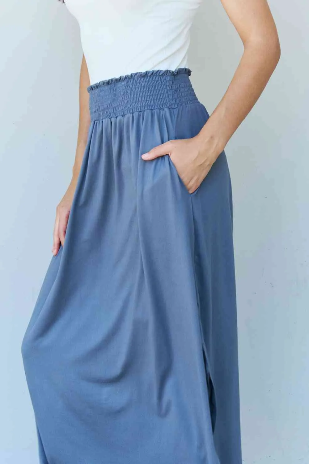 The Nina High Waist Scoop Hem Maxi Skirt in Dusty Blue