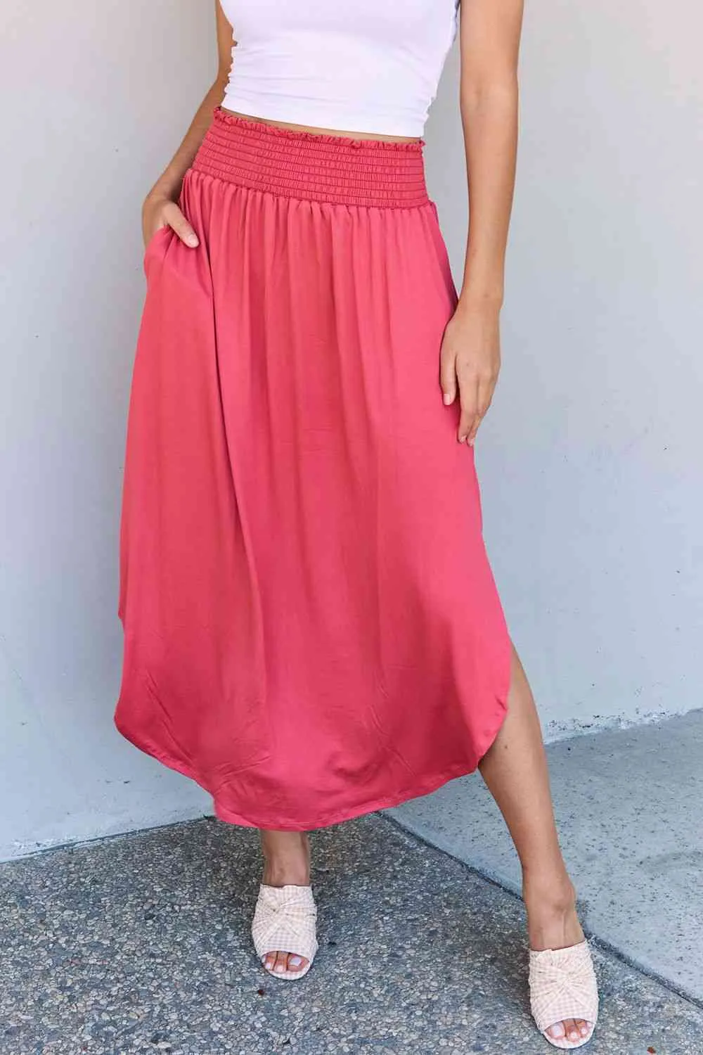 The Nina High Waist Scoop Hem Maxi Skirt in Hot Pink