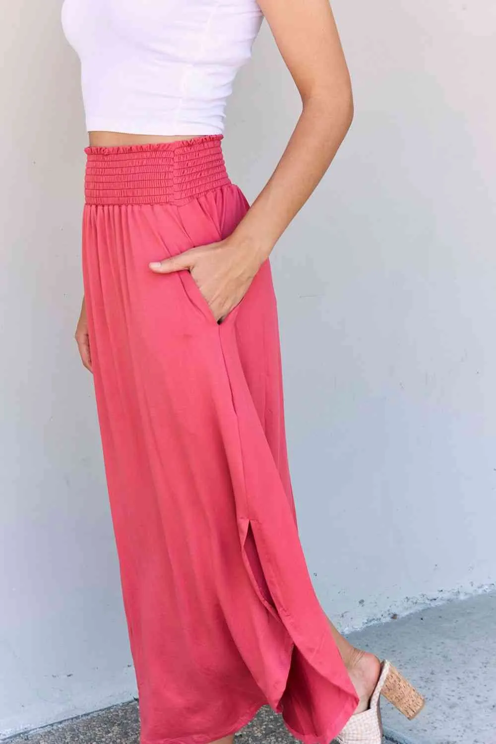 The Nina High Waist Scoop Hem Maxi Skirt in Hot Pink