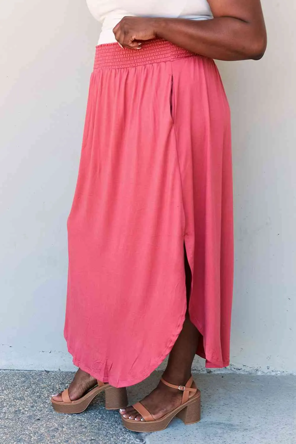 The Nina High Waist Scoop Hem Maxi Skirt in Hot Pink