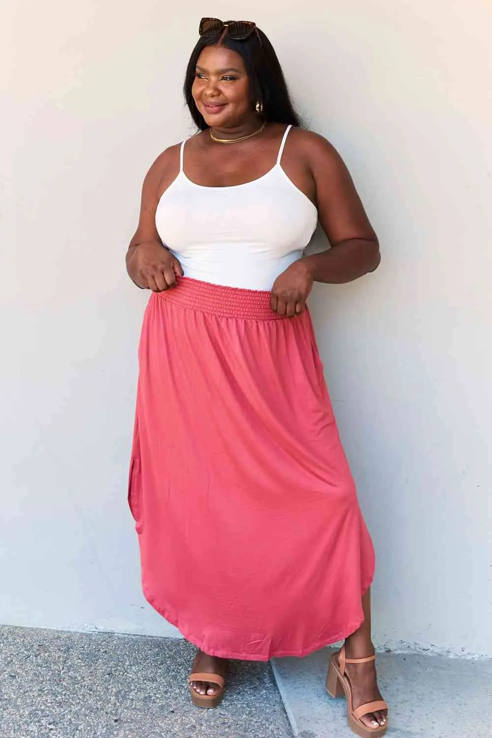 The Nina High Waist Scoop Hem Maxi Skirt in Hot Pink