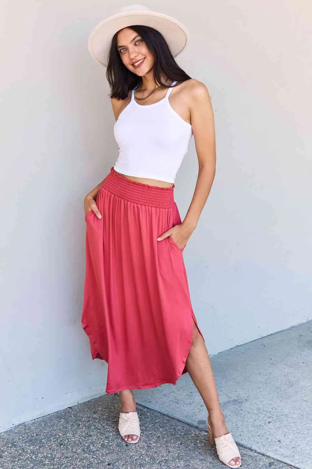 The Nina High Waist Scoop Hem Maxi Skirt in Hot Pink