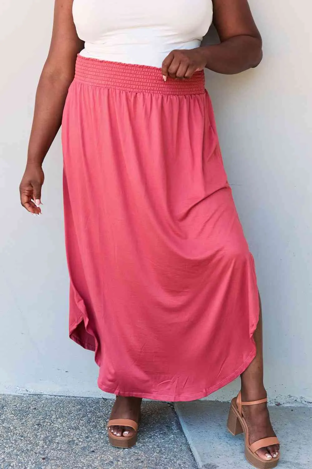 The Nina High Waist Scoop Hem Maxi Skirt in Hot Pink