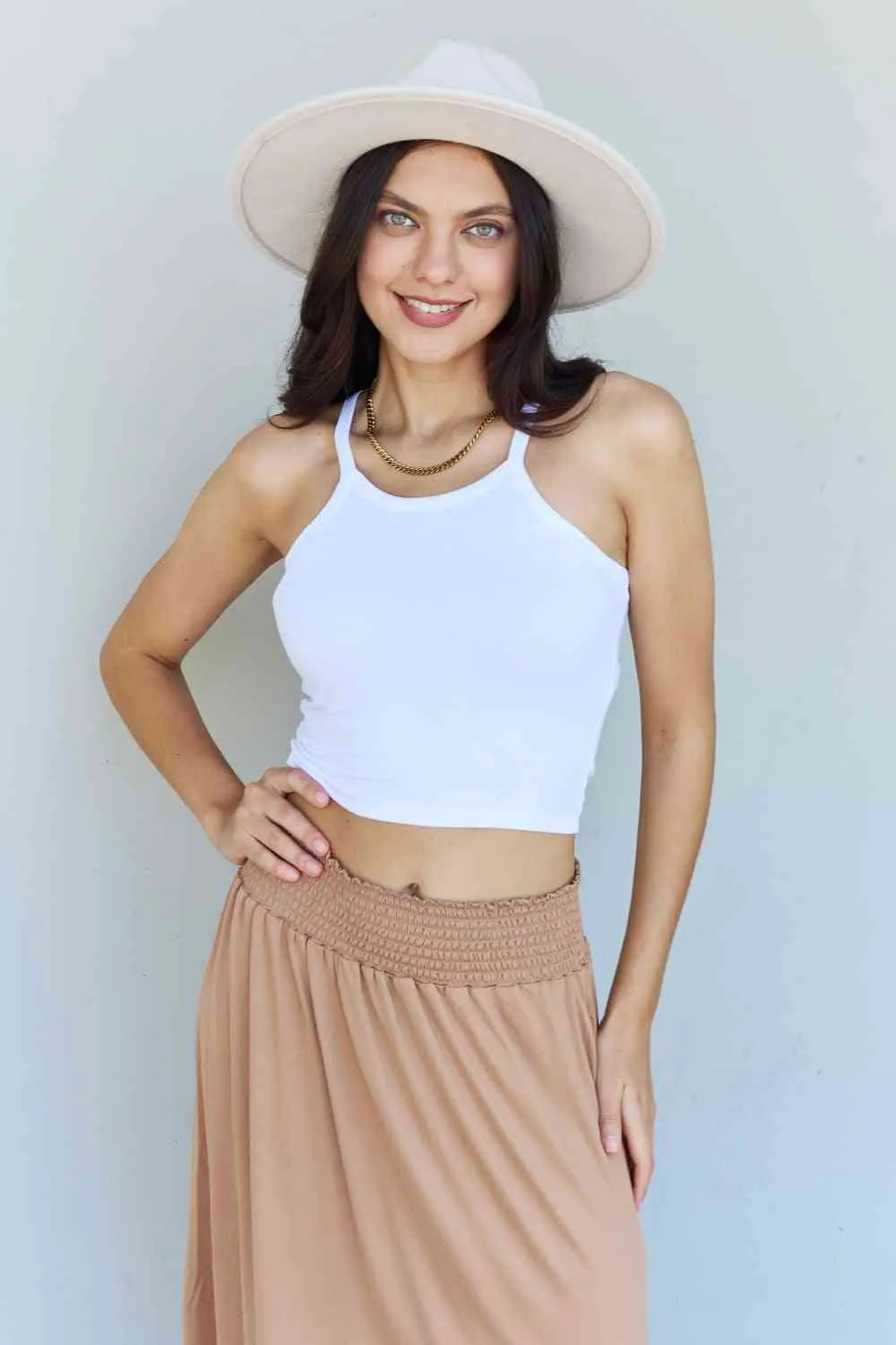 The Nina High Waist Scoop Hem Maxi Skirt in Tan