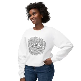 The Temi African Inspired Crewneck Sweatshirt with Monochrome Graffiti and Bold Africa Writing by Eldimaa Fashion