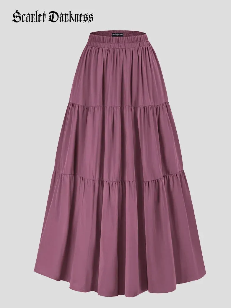 Tiered Elastic High Waist Swing Skirt with Pocket