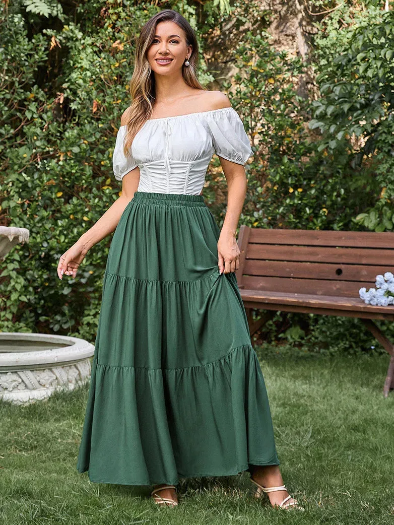 Tiered Elastic High Waist Swing Skirt with Pocket