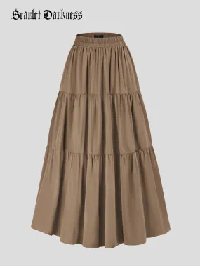 Tiered Elastic High Waist Swing Skirt with Pocket