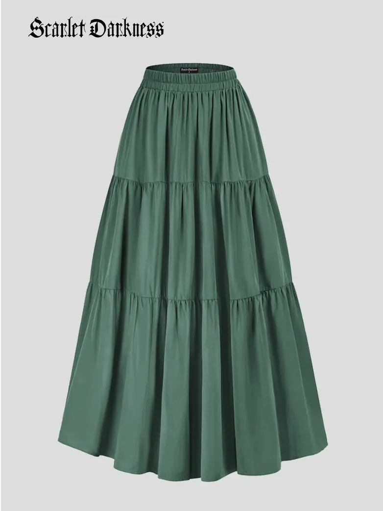 Tiered Elastic High Waist Swing Skirt with Pocket