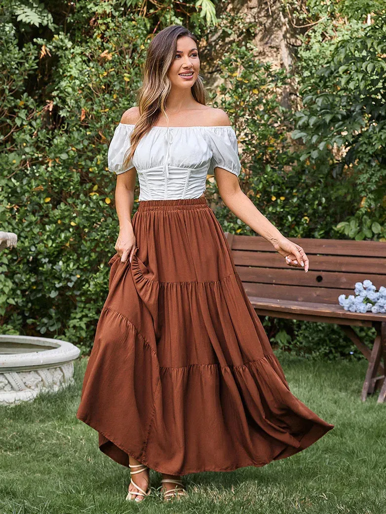 Tiered Elastic High Waist Swing Skirt with Pocket