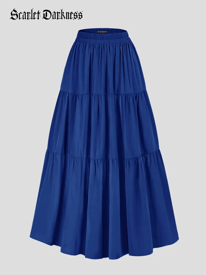 Tiered Elastic High Waist Swing Skirt with Pocket