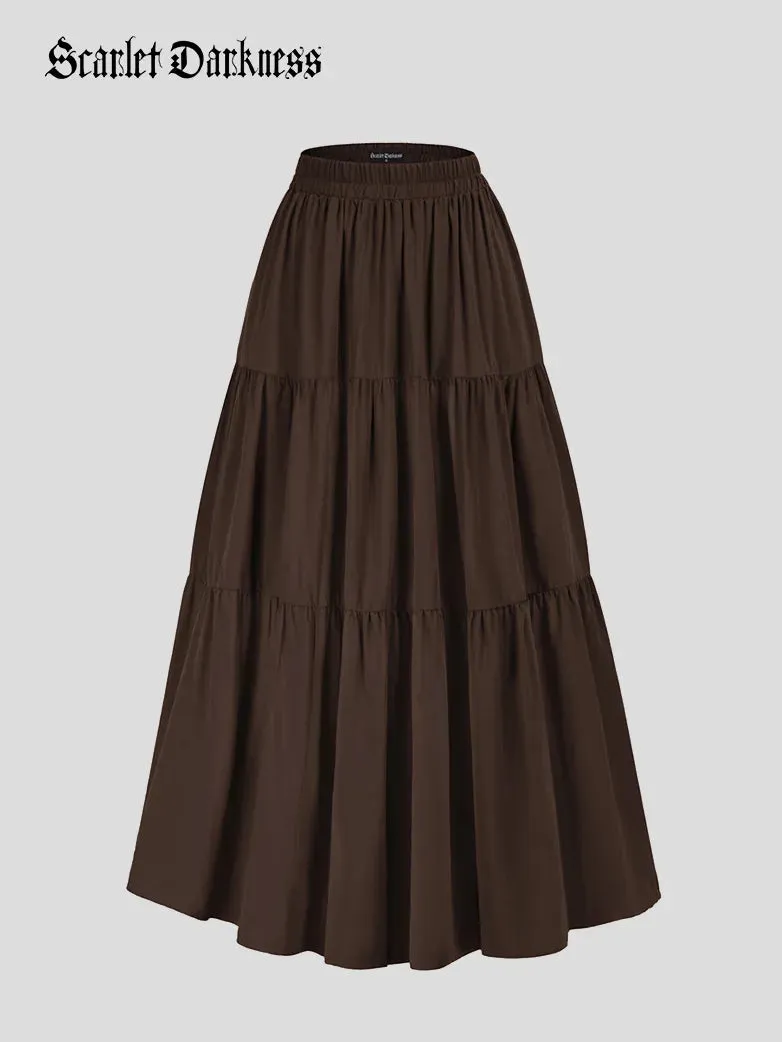 Tiered Elastic High Waist Swing Skirt with Pocket