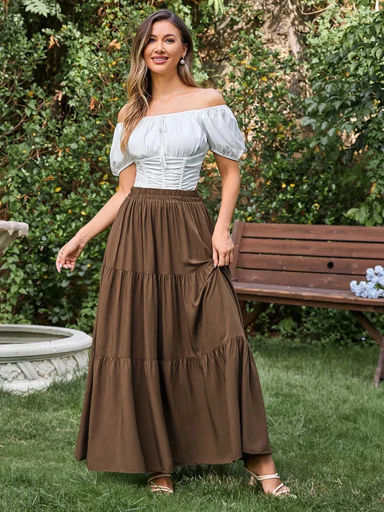 Tiered Elastic High Waist Swing Skirt with Pocket