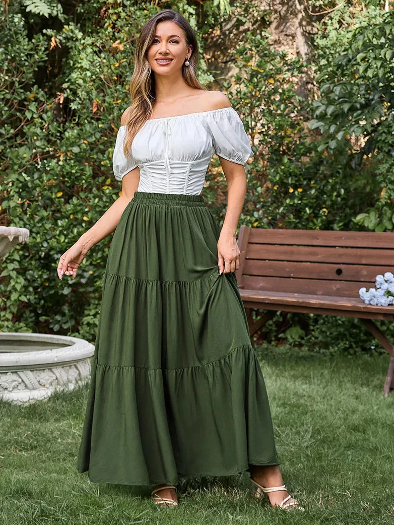 Tiered Elastic High Waist Swing Skirt with Pocket