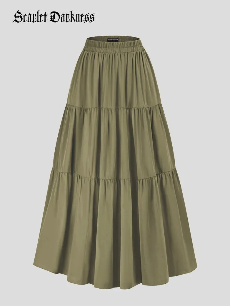 Tiered Elastic High Waist Swing Skirt with Pocket