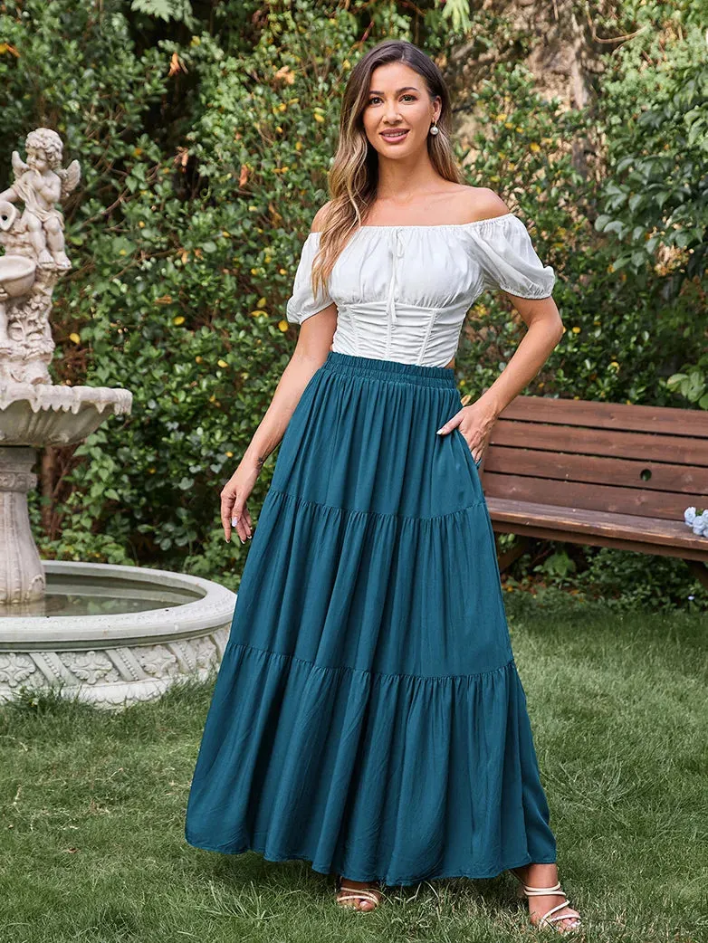 Tiered Elastic High Waist Swing Skirt with Pocket