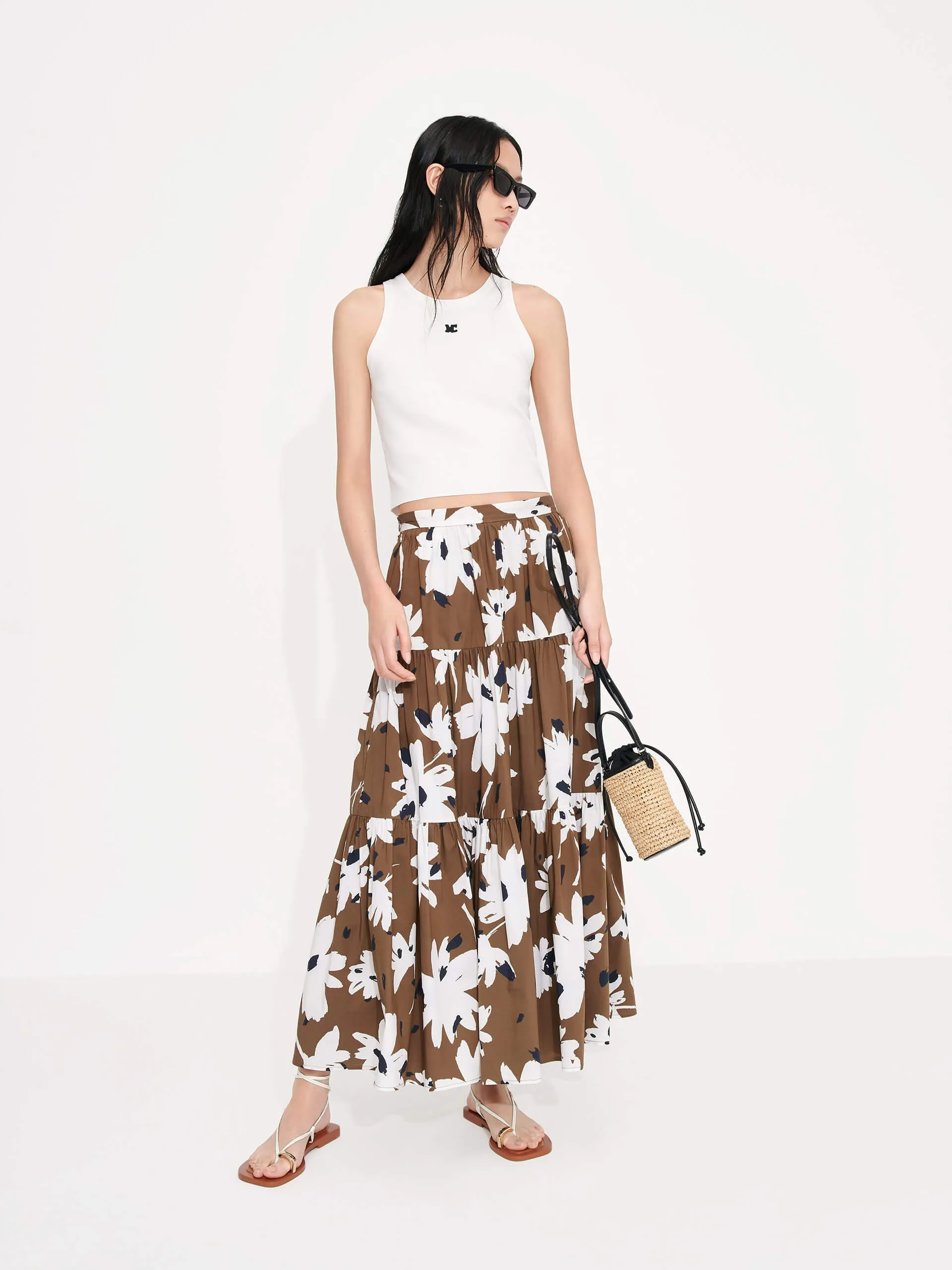 Tiered Floral Print Maxi Skirt