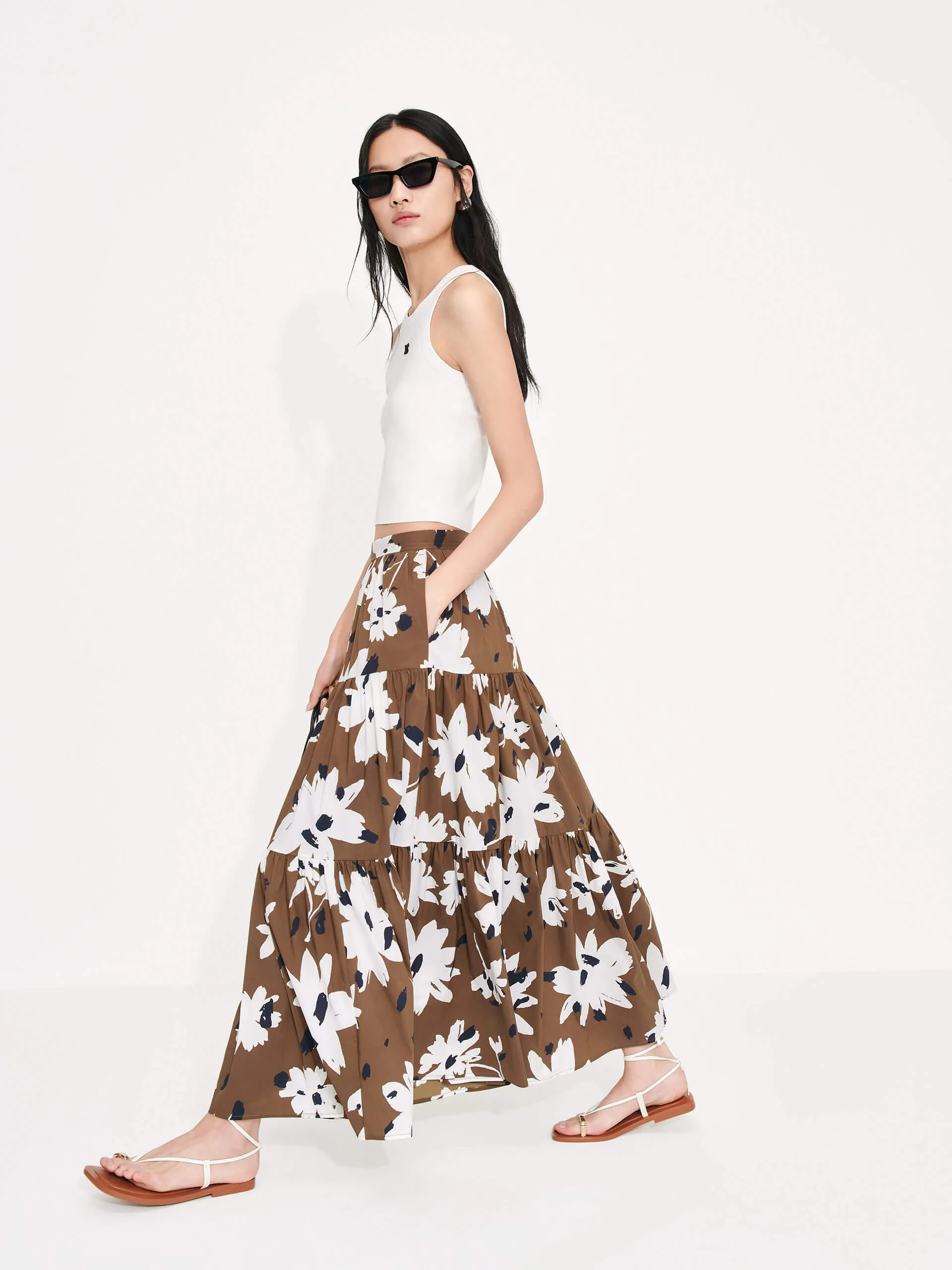 Tiered Floral Print Maxi Skirt