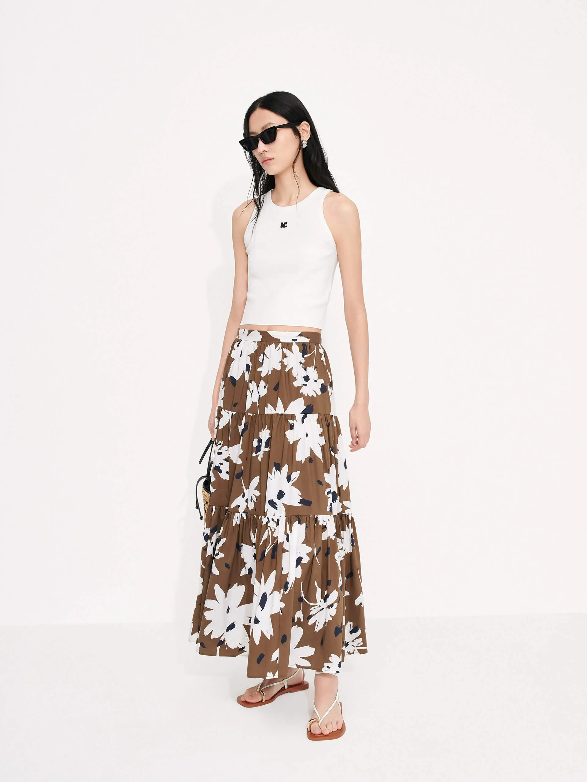 Tiered Floral Print Maxi Skirt