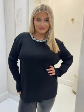 Tiff Black Crystal Neck Detailed Ribbed Plus Size Jumper