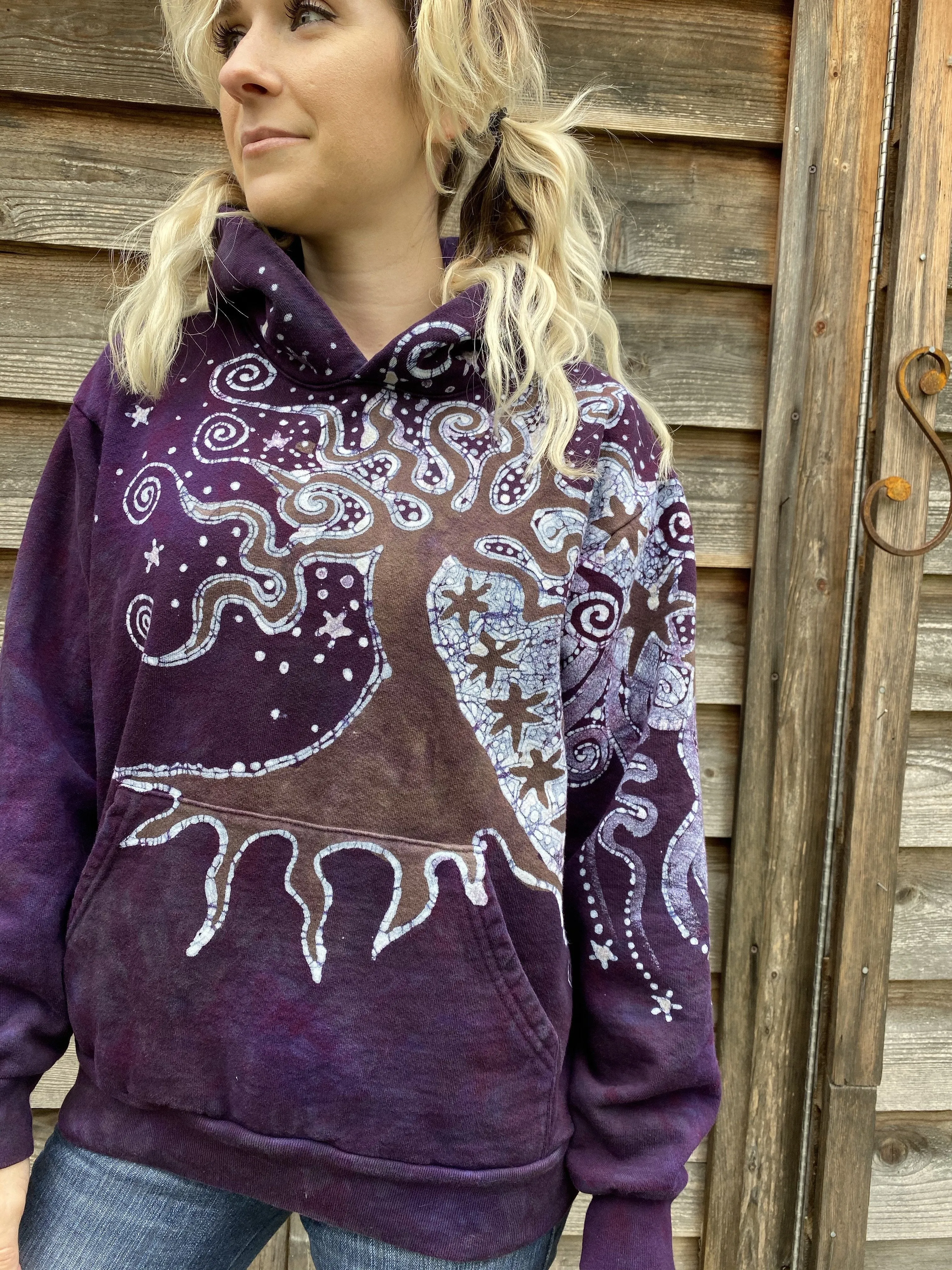 Tree Moon Glowing Earth Purple Pullover Hoodie - Handcrafted Batik