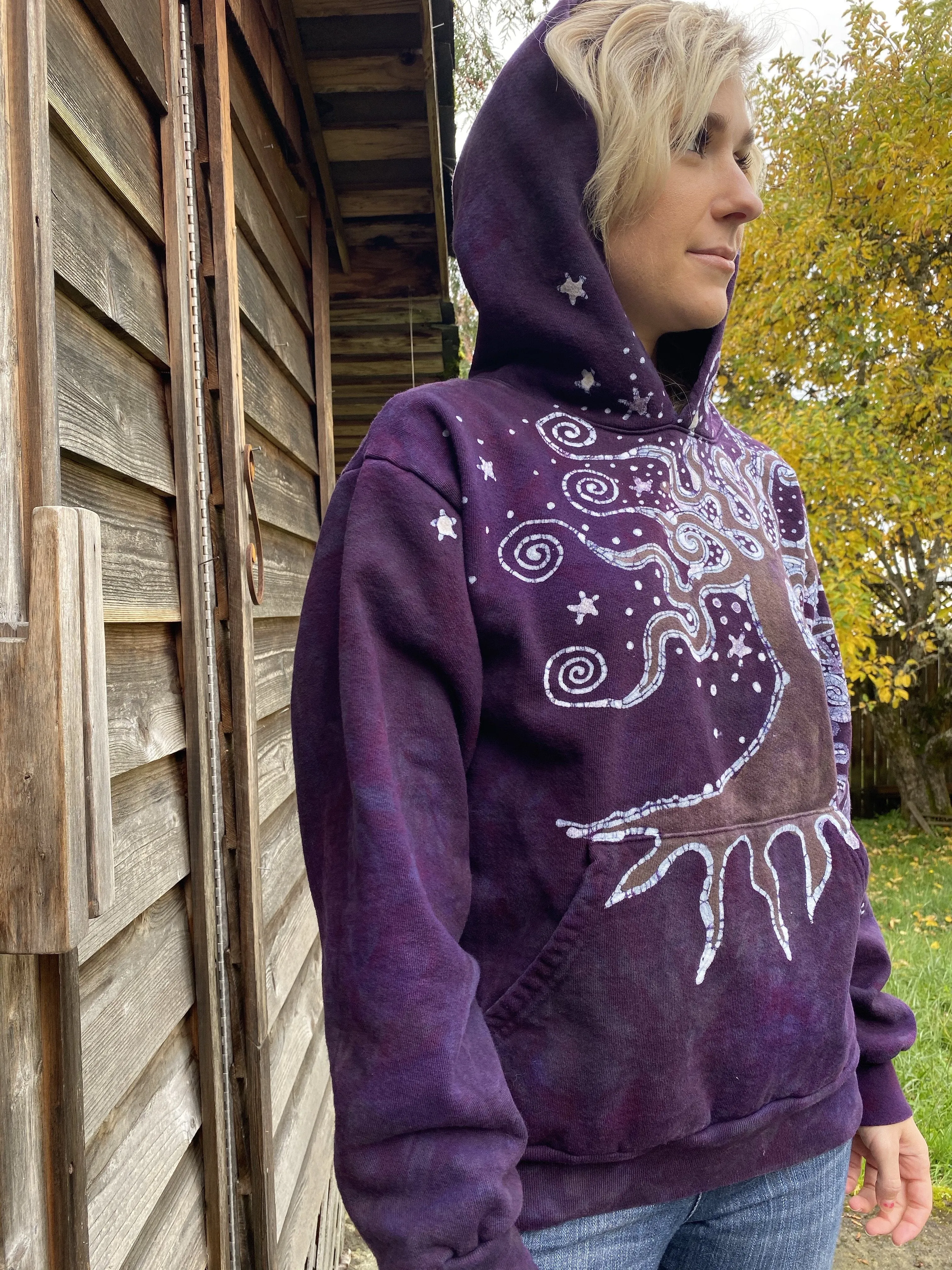 Tree Moon Glowing Earth Purple Pullover Hoodie - Handcrafted Batik