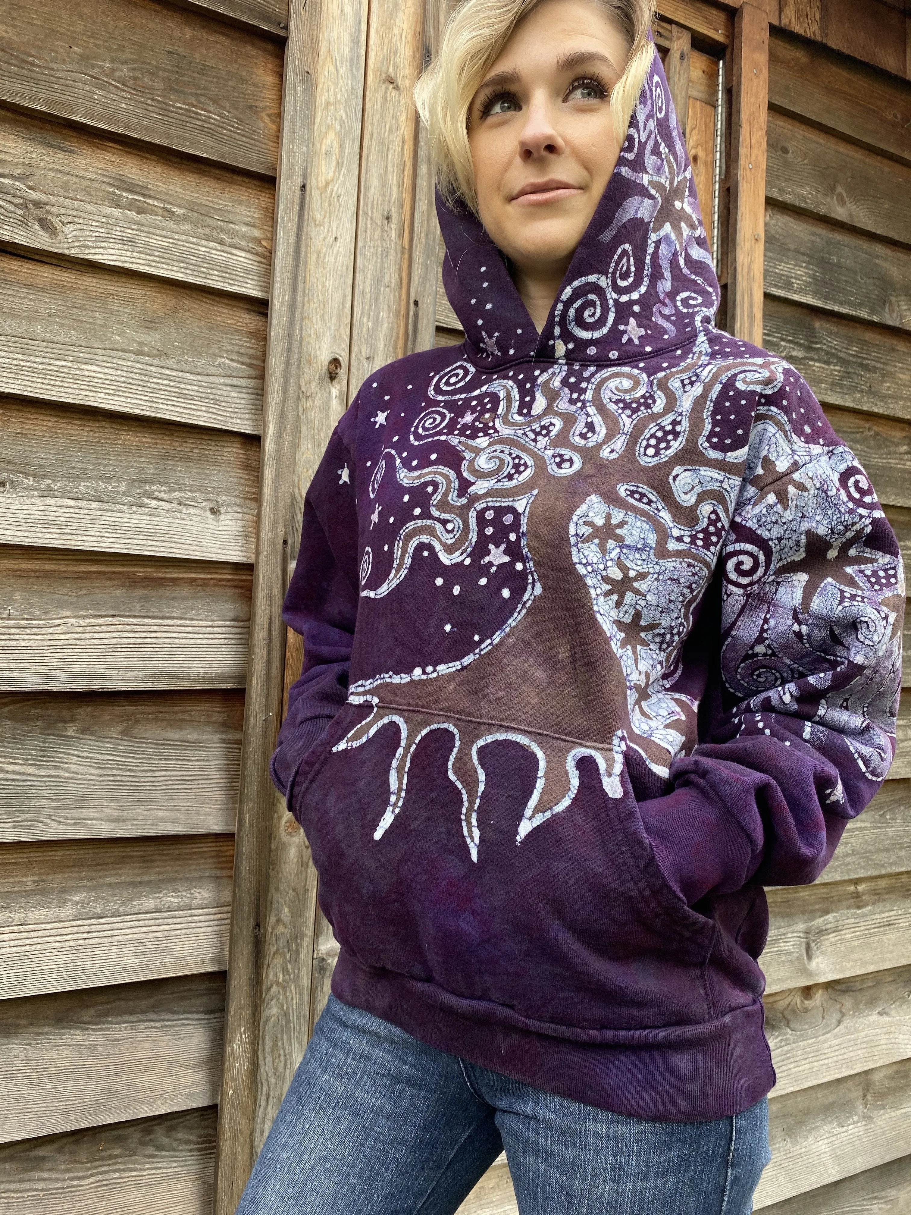 Tree Moon Glowing Earth Purple Pullover Hoodie - Handcrafted Batik