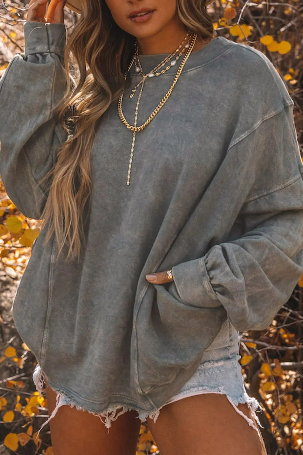 Twisted Plunge Neck Dropped Shoulder Sweatshirt