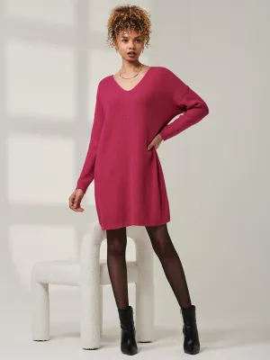 V-Neck Ribbed Knit Tunic Jumper, Raspberry