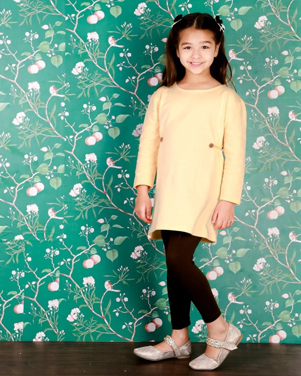 Vanilla Custard Girls Sweater Dress with Brown Leggings