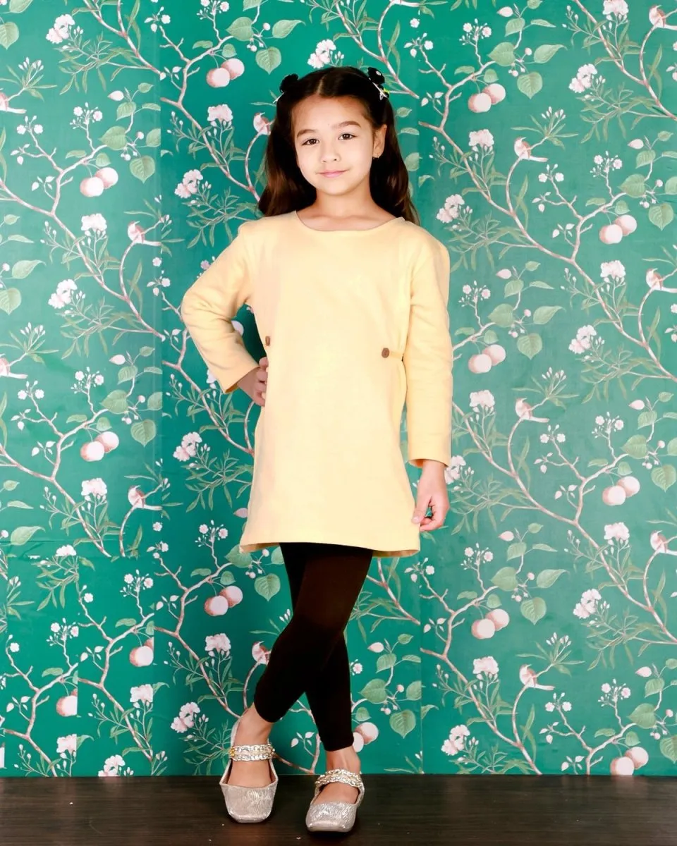 Vanilla Custard Girls Sweater Dress with Brown Leggings