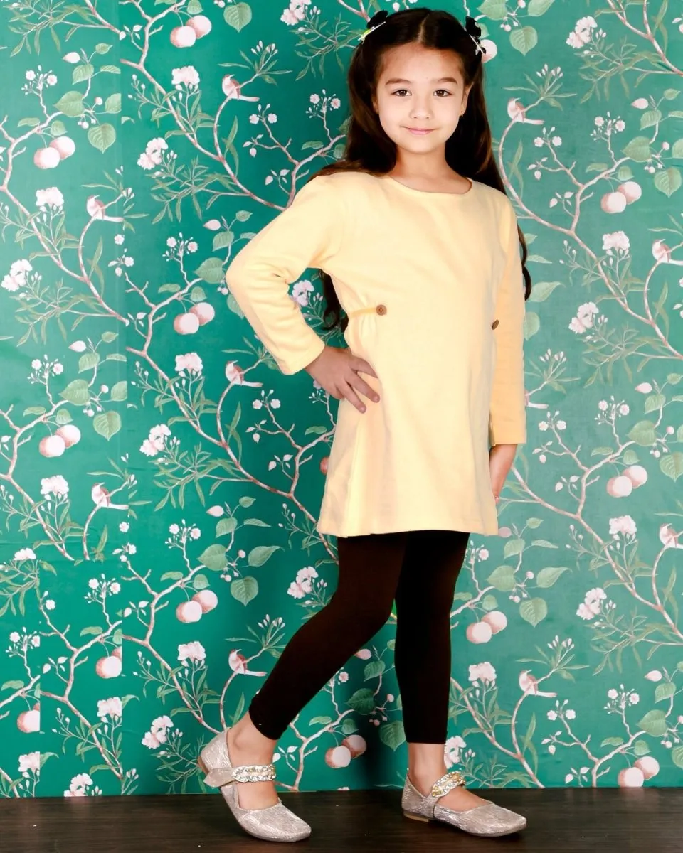 Vanilla Custard Girls Sweater Dress with Brown Leggings