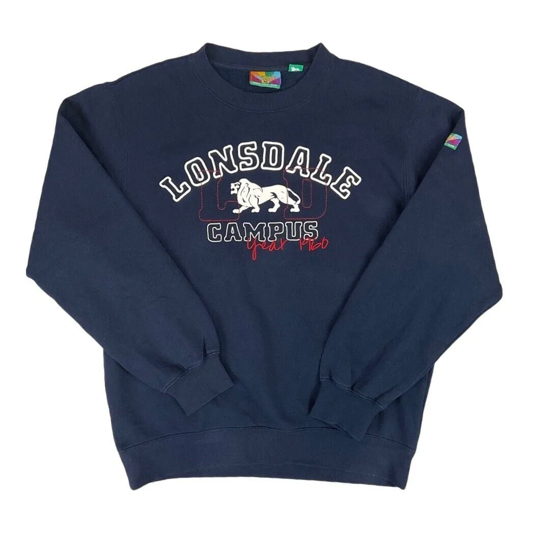 Vintage 00s Navy Blue Lonsdale Campus College Spell Out Logo Crewneck Jumper L