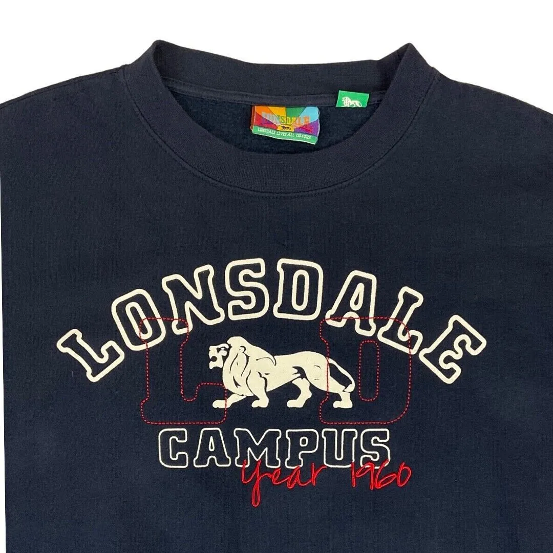 Vintage 00s Navy Blue Lonsdale Campus College Spell Out Logo Crewneck Jumper L