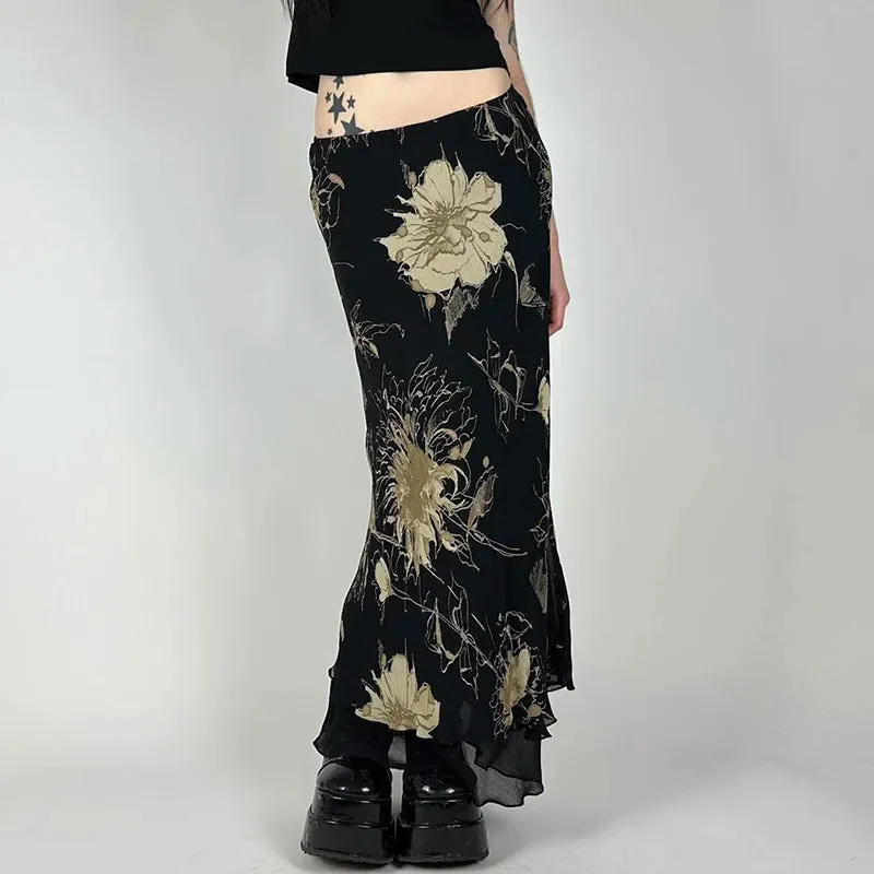 Vintage Gothic Low Rise Slim Long Skirt Women Mesh Patched Grunge Flowers Printing Chic Maxi Skirt Party Y2K Outfits