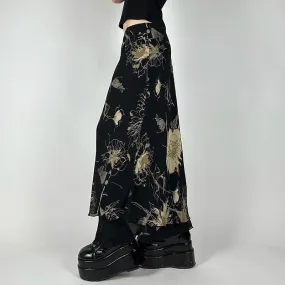 Vintage Gothic Low Rise Slim Long Skirt Women Mesh Patched Grunge Flowers Printing Chic Maxi Skirt Party Y2K Outfits