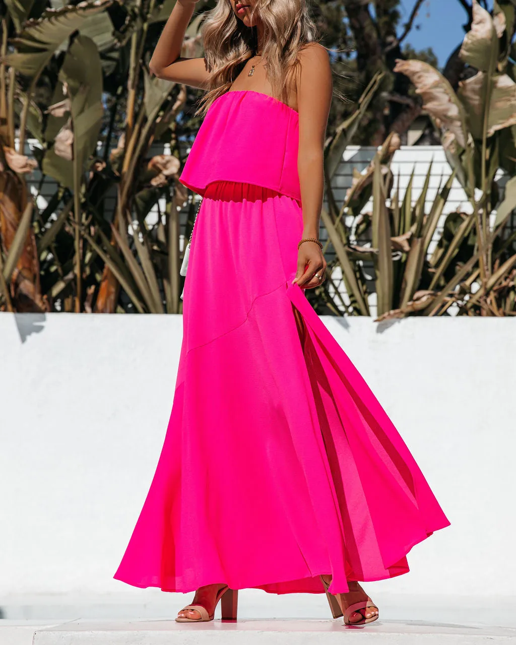 Vivid Strapless Slit Maxi Dress - Hot Pink