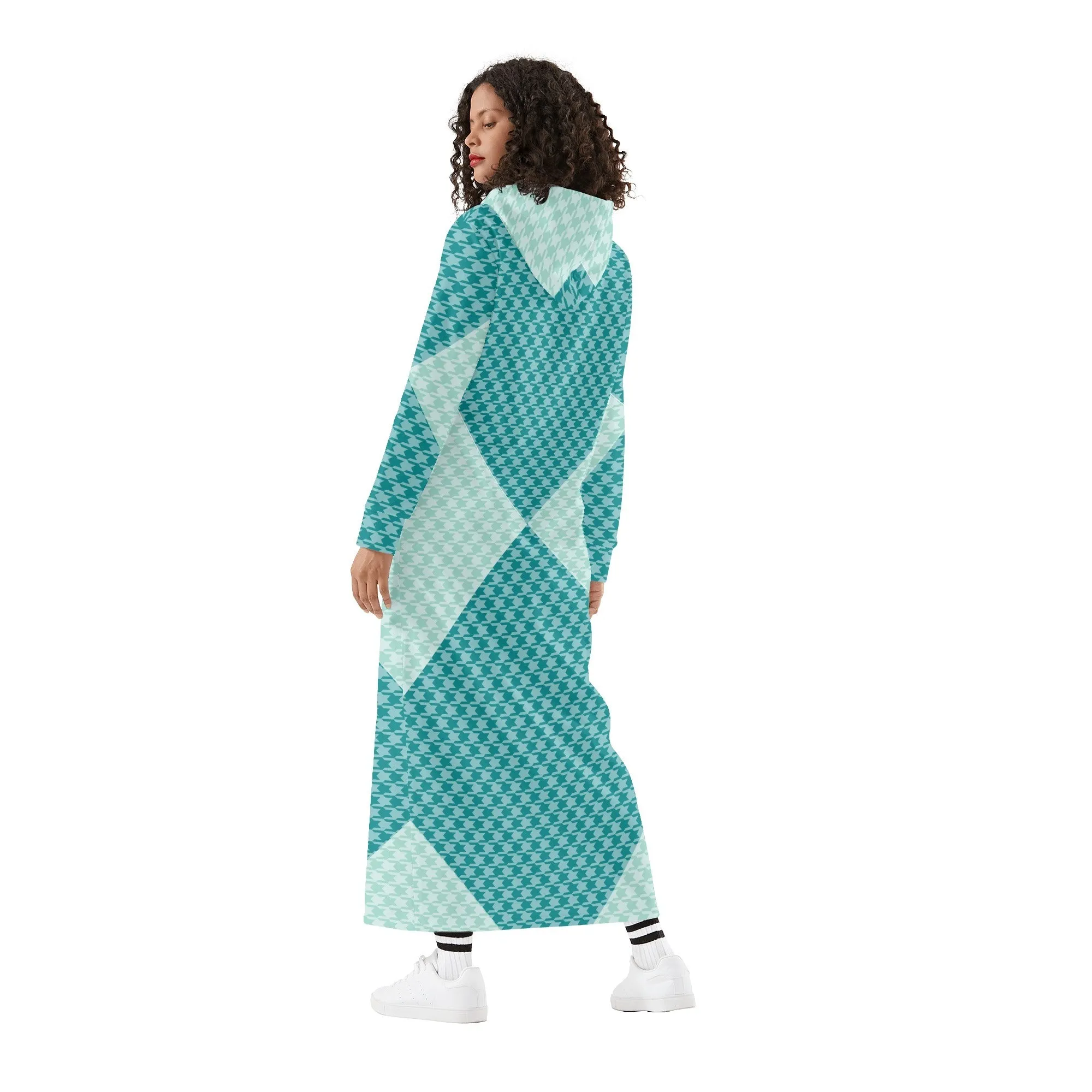 Winter Loungewear | Maxi Dress | Hooded Sweatshirt with Pockets | Plus-Petite Size | Houndstooth Blue dress