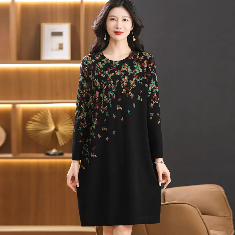 Wjczt cold weather outfits Floral Knitted Dress Autumn and Winter Elegant Slimming Western Style Mom Sweater Dress Mid-Length plus Size Belly Covering Skirt