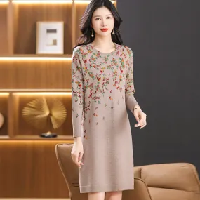 Wjczt cold weather outfits Floral Knitted Dress Autumn and Winter Elegant Slimming Western Style Mom Sweater Dress Mid-Length plus Size Belly Covering Skirt