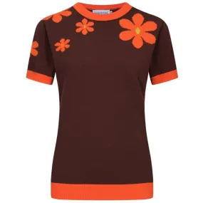 Women Orange Flowers Short Sleeves Brown Knitwear