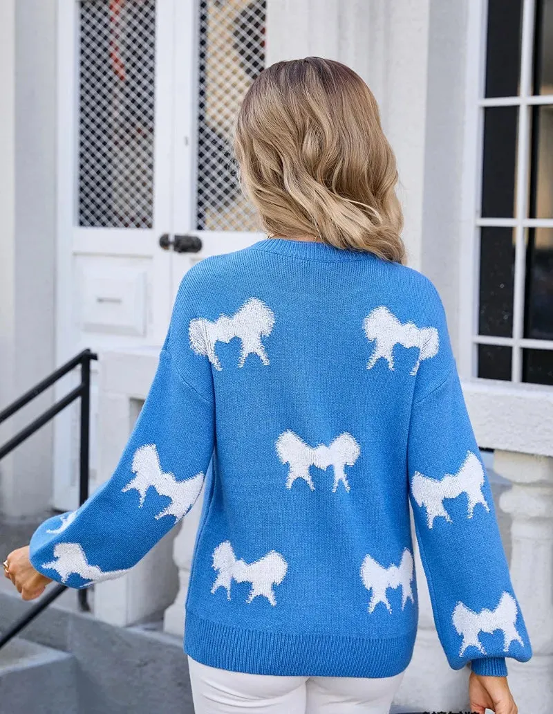 Women Playful Bow Pattern Crewneck Sweater