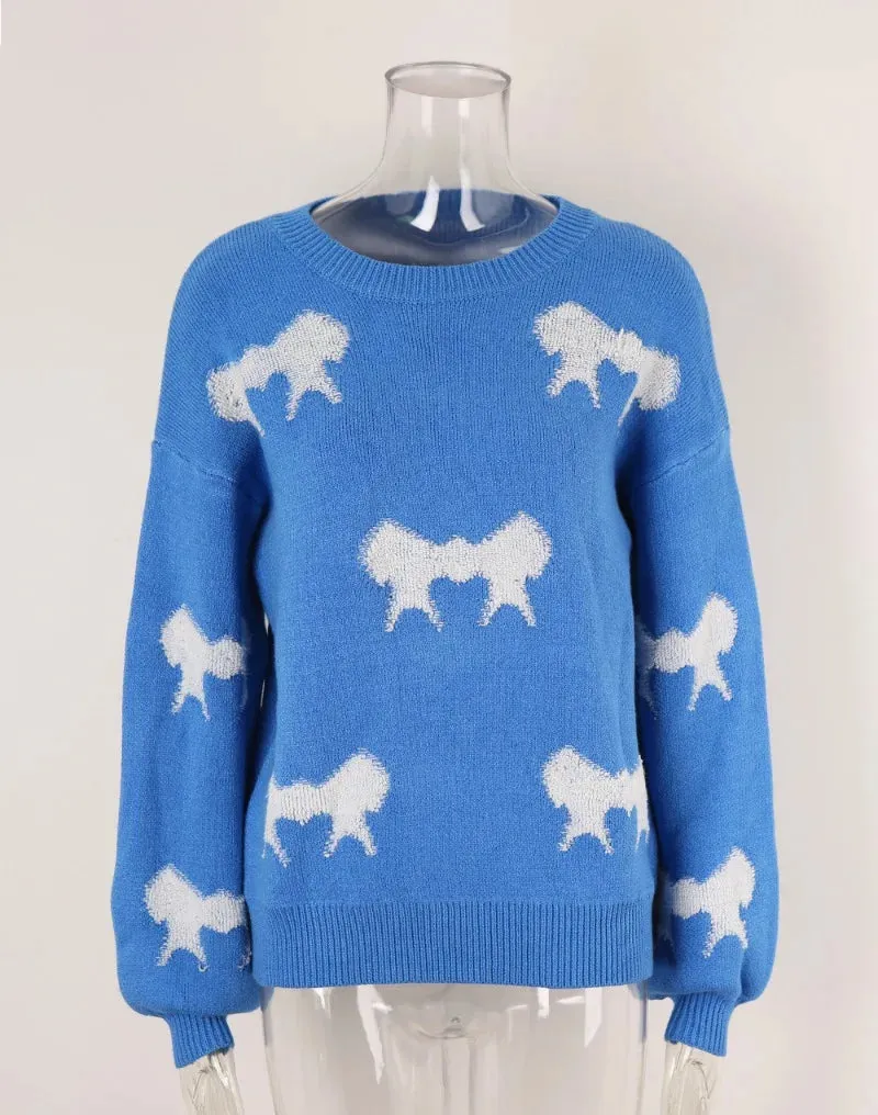 Women Playful Bow Pattern Crewneck Sweater